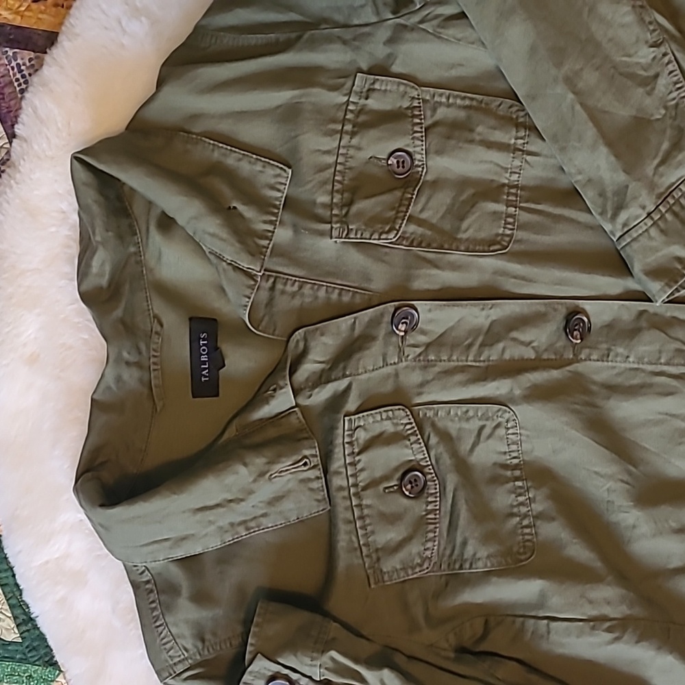 Talbots Linen Cotton Blend Dark Green Utility Lightweight Summer Jacket - Picture 2 of 11
